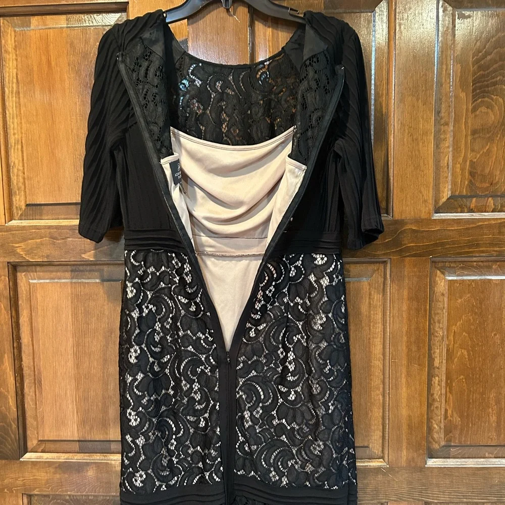 Adrianna Papell Black Lace Inset Banded Sheath Dress Size 8 Pleated Sleeve Party